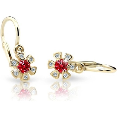 Danfil dětské náušnice kytičky C2156 ze žlutého zlata s kamínkem Ruby Dark zapínání brizura
