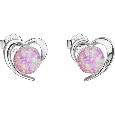 Evolution Group strieborné náušnice srdiečka s ružovými syntetickými opálmi 31259.3 lt.rose