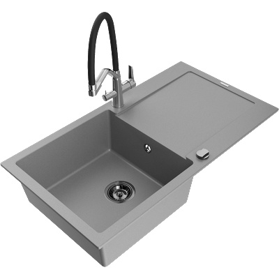 Mexen Leo гранитна кухненска мивка с една камера и червено кранче Duo, сив - 6501-71-671701-07-B (6501-71-671701-07-B)