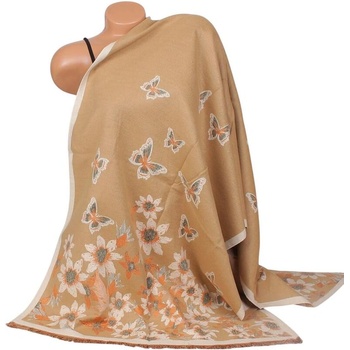 Кашмирен шал в светлокафяво с цветя и пеперуди