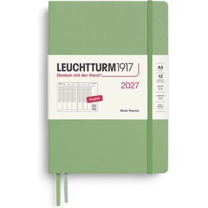 Leuchtturm1917 weekly planner 2027 medium (A5) - English, sage, 210 x 145 mm, January-December (12 months), weekly overview with hourly grid 7: 00-22: 00 per column, hardcover, 80 g/m2 paper - 400316 (400316)