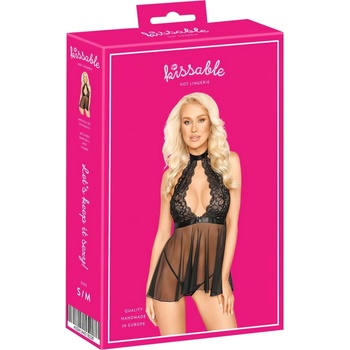 Kissable - нощница babydoll с яка и дантела - черна - L/XL