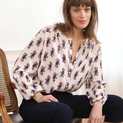 Košilová halenka s knoflíčky a potiskem béžová/švestková