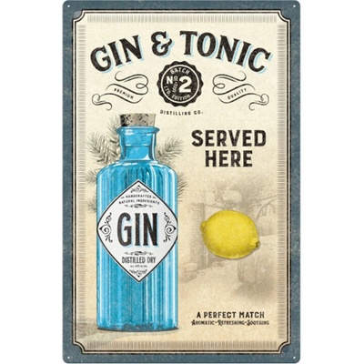 Plechová cedule: Gin & Tonic Served Here - 40x60 cm