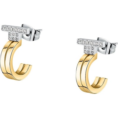 Trussardi Bicolor kruhové náušnice z ocele so zirkónmi T-Logo TJAXC34