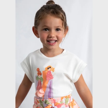 MAYORAL Бяла тениска къс ръкав с щампа в розово и оранжево цвят за мини момиче Mayoral