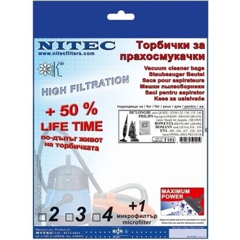 NITEK Синтетични Т 101 Торбички за прахосмукачки, bomann, delonghi, eta, fakir, famulus, nilco, philips, privileg, rowenta, satrap, wigomat, zwt (Т101)