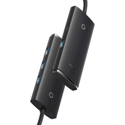 Baseus USB-C Lite Series 5-Port Hub (WKQX030401) - 4-портов USB-A хъб и USB-C вход за компютри и лаптопи с USB-C (100 см) (черен)