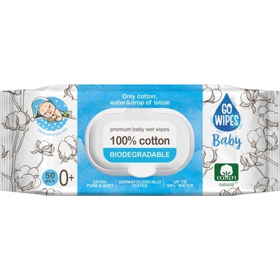 GoWipes Baby 100% Cotton Biodegradable detské jemné vlhčené obrúsky pre citlivú pokožku 0+ 50 ks