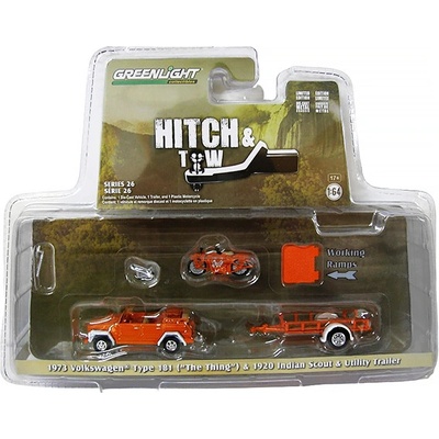 GreenLight Volkswagen 181 1973 + motorka Indian Scout 1920 + přivěs 1:64