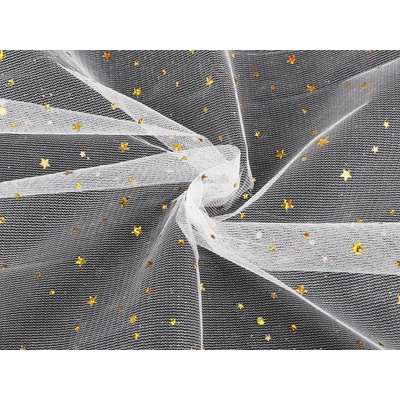 Odevný/dekoračný tyl s hviezdičkami s hologramom Farba: 2 biela - zlatá