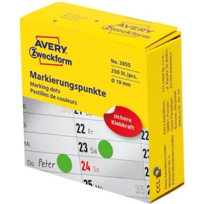 AVERY Етикет avery 3855 самозалепващ се маркер в кутия с диспенсер зелен 19 мм 250 маркера в кутия (3855)