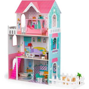 ECOTOYS Дървена къща за кукли с градина xxl 120 см , 18 мебела, w06a379 (w06a379)