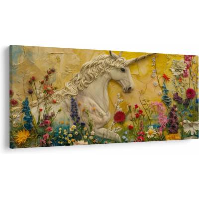 Obraz - Jednorožec s kvetinami, jednodielne 200x100 cm