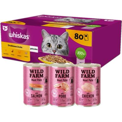 WHISKAS Adult sáček 80 x 85 g Poultry Feast vlhké krmivo pro dospělé kočky, v želé kousky s: kuřecím, kachním, drůbežím, krůtím + WILD FARM Pate 3 x 400 g
