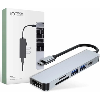 Докинг станция Tech-Protect USB-C Hub 6in1 v4, от USB C към 1x USB C, 2x USB A, 1x HDMI, 1x SD/MicroSD четец на карти, сива (THP809GRY / 55150)