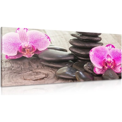 Obraz orchidea a Zen kamene na drevenom podklade