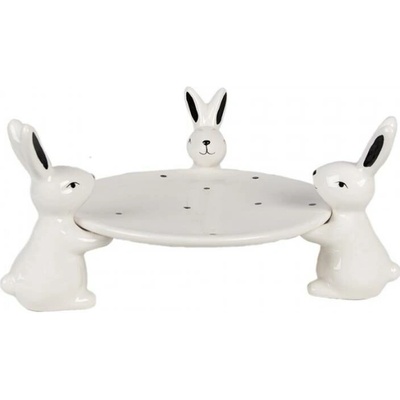 Černo-bílý keramický podnos s podstavcem ve tvaru tří králíčků Rabbit Party 24x23x12 cm