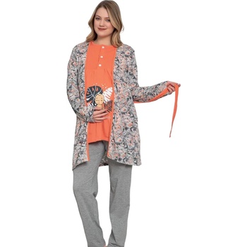 Image 1 of Комплект за бременни от халат и пижама в коралово и сиво