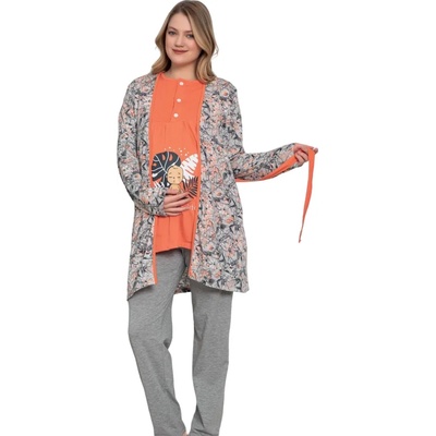 Комплект за бременни от халат и пижама в коралово и сиво