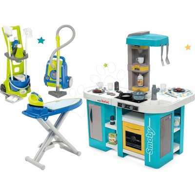 Smoby Set kuchyňka elektronická Tefal Studio 360° XL Bubble a úklidový vozík s vysavačem a žehlicí prkno