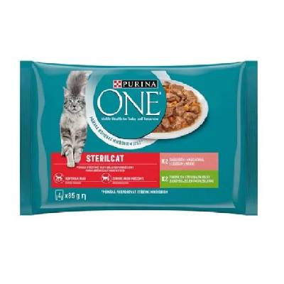 PURINA ONE cat Multipack Sterilcat mini filetky s morkou a zelenými fazuľkami / s lososom a mrkvou v šťave 4x85g