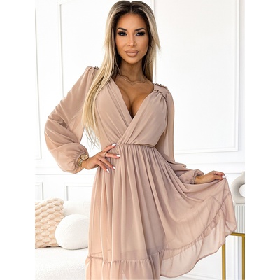 Numoco Шифонена миди рокля с дълги ръкави и деколте - бежова Numoco MILA numoco | Bezhov | ЖЕНИ | S
