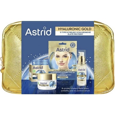 Astrid Hyaluronic Gold Astrid Hyaluronic Gold liftingové oční sérum s niacinamidem 15 ml + Astrid Hyaluronic Gold vyplňující krém proti vráskám 50 m + Astrid Hyaluronic Gold oční maska proti vráskám,