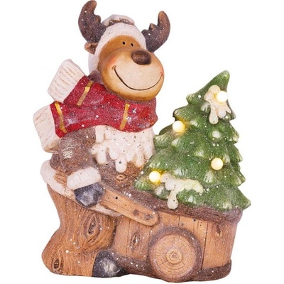 MagicHome Dekorace Vánoce Sobík s vozíkem 4 LED 3xAA keramika 33,50x24x43 cm