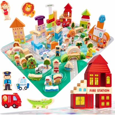 FunPlay 6198 Drevené vzdelávacie kocky MESTEČKO, 120 ks