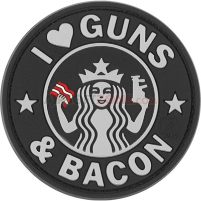 Gumová nášivka Jackets to Go nápis Guns and Bacon - sivá