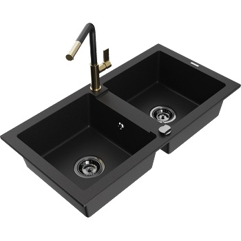 Mexen Mario двукоморна кухненска мивка от гранит с кухненски смесител Flora, черен - 6504-77-670401-57-B (6504-77-670401-57-B)