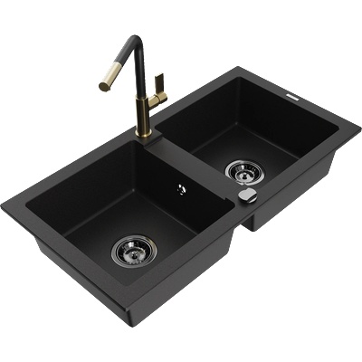 Mexen Mario двукоморна кухненска мивка от гранит с кухненски смесител Flora, черен - 6504-77-670401-57-B (6504-77-670401-57-B)