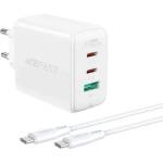 AceFast A13 PD 65W Charger - захранване за ел. мрежа за ла то и, смартфони и таблети с 2XUSB-C и USB-A изходи и USB-C към USB-C кабел (бял)