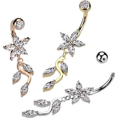 Šperky eshop ocelový piercing do pupíku květina větvička s lístky ze zirkonů W47.16 Měděná