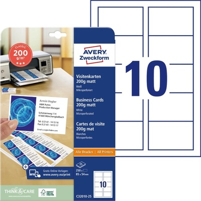 Avery Zweckform 85x54 mm, 185g, 25 listů, matné, bílé C32010-25 – Zboží Dáma