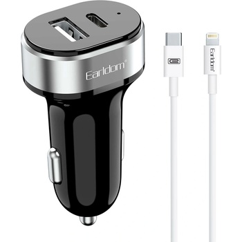 Earldom Зарядно устройство за кола Earldom ES-CC14, 1xUSB, 1xType-C, С PD Lightning кабел, Черен - 40355 (40355)