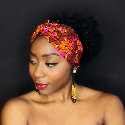 African Fabs Print Headband – Bavlnená čelenka pre kučeravé vlasy ružovo-oranžová