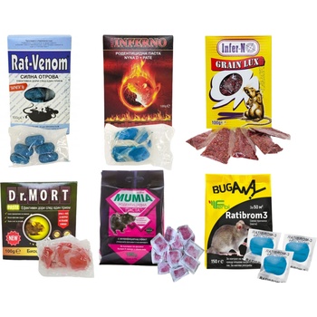 Англия XXL КОМПЛЕКТ: Отрови за мишки - Мумия, Д-р Морт, Infer-no Grain Lux, Ратибром, Infern-no паста, Rat Venom (801010-1207-3001-1205-1003-802801)