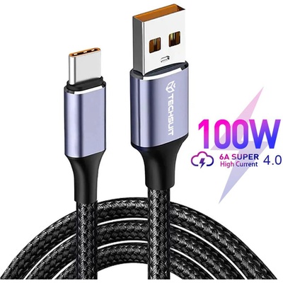 Techsuit USB към Type-C кабел за данни, супер бързо зареждане, 100 W, 480 Mbps, 6 A - (PCB018) - черен