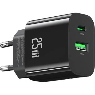 USAMS T65 мрежово зарядно устройство с USB+Type-C изход, 25 W, PD бързо зареждане, ЧЕРНО CC315TC01 (CC315TC01)
