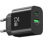 USAMS T65 мрежово зарядно устройство с USB+Type-C изход, 25 W, PD бързо зареждане, ЧЕРНО CC315TC01 (CC315TC01)