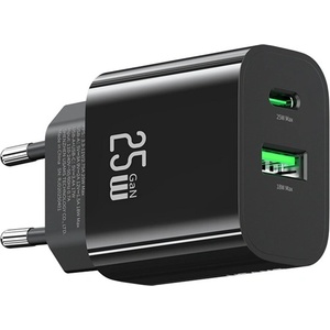 USAMS T65 мрежово зарядно устройство с USB+Type-C изход, 25 W, PD бързо зареждане, ЧЕРНО CC315TC01 (CC315TC01)