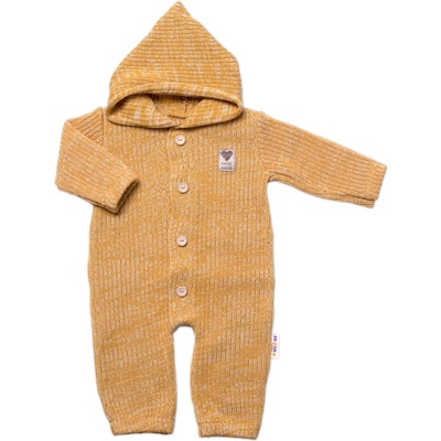 Baby Nellys Pletený overálok s kapucňou a gombíkmi Hand Made medový žihaný