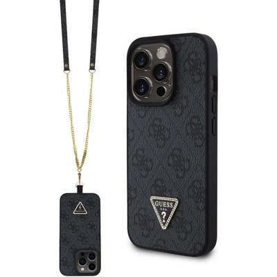Guess PU 4G Strass Triangle Metal Logo + Crossbody popruh iPhone 15 Pro, čierne
