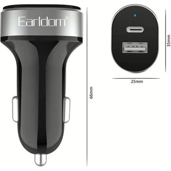 Earldom Зарядно устройство за кола Earldom ES-CC14, 1xUSB, 1xType-C, С Type-C кабел, Черен - 40243