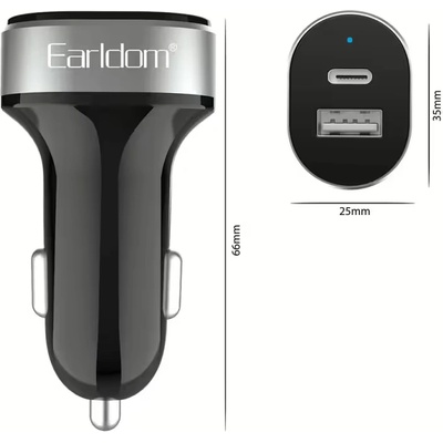 Earldom Зарядно устройство за кола Earldom ES-CC14, 1xUSB, 1xType-C, С Type-C кабел, Черен - 40243