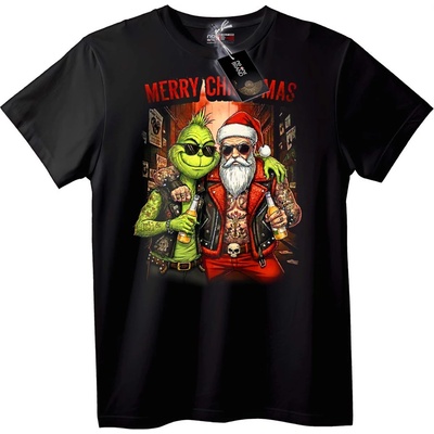 NOONEBRAND Тениска Весела Коледа Grinch и Дядо Коледа байкер - 6XL, White