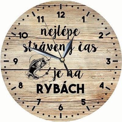 Dřevěné nástěnné hodiny 24 cm pro rybáře - čas na ryby