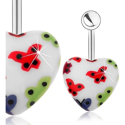 Šperky eshop ocelový piercing do pupíku akrylové srdce bílý podklad barevní motýlci SP25.27